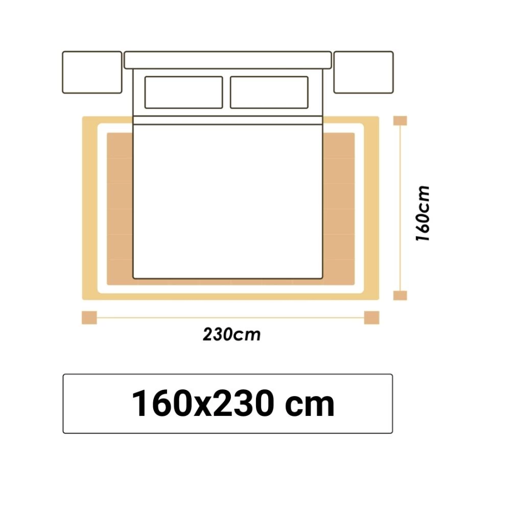 Illustrationer viser et soveværelsestæppe i størrelsen 160x230cm.