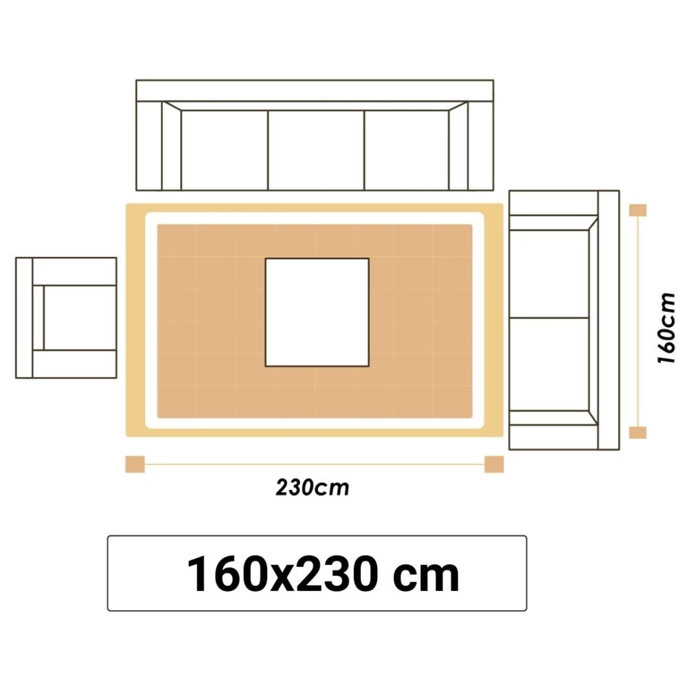 Illustrationer viser et stuetæppe i størrelsen 160x230cm.