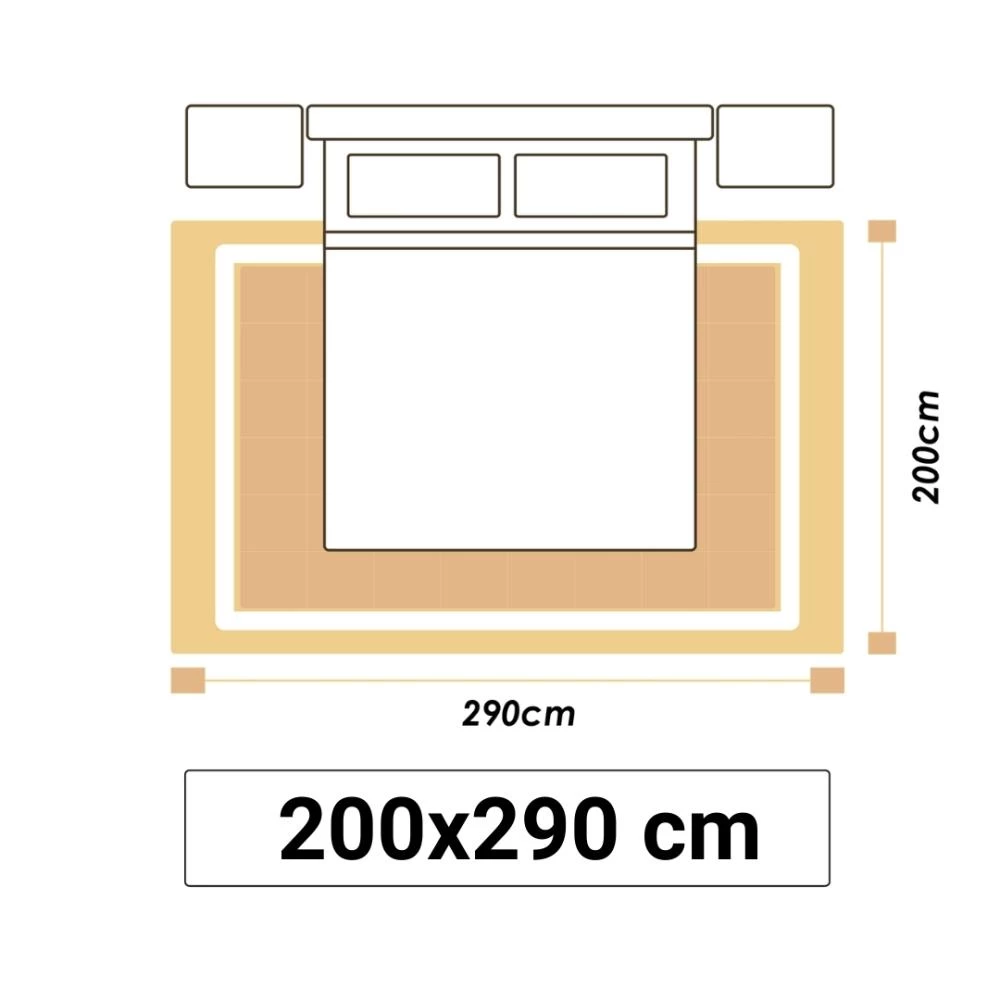 Illustrationer viser et soveværelsestæppe i størrelsen 200x290cm.