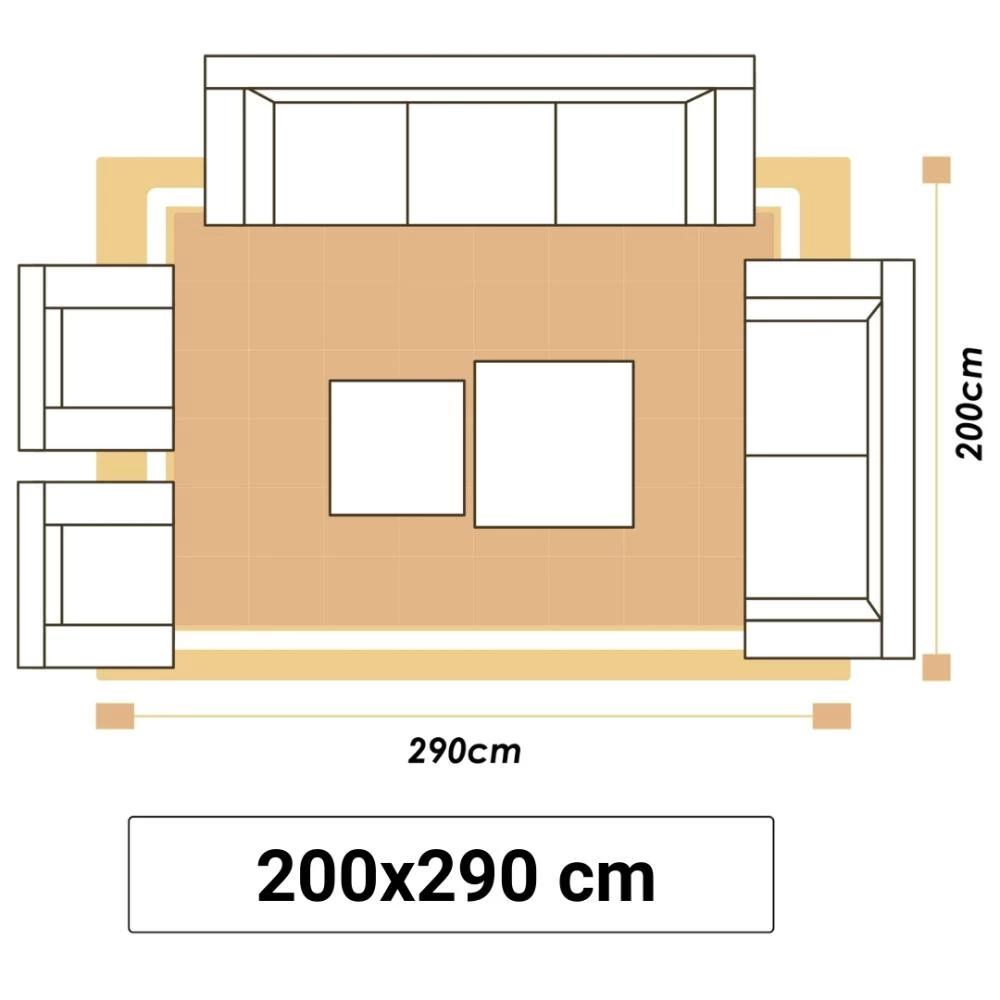 Illustrationer viser et stuetæppe i størrelsen 200x290cm.