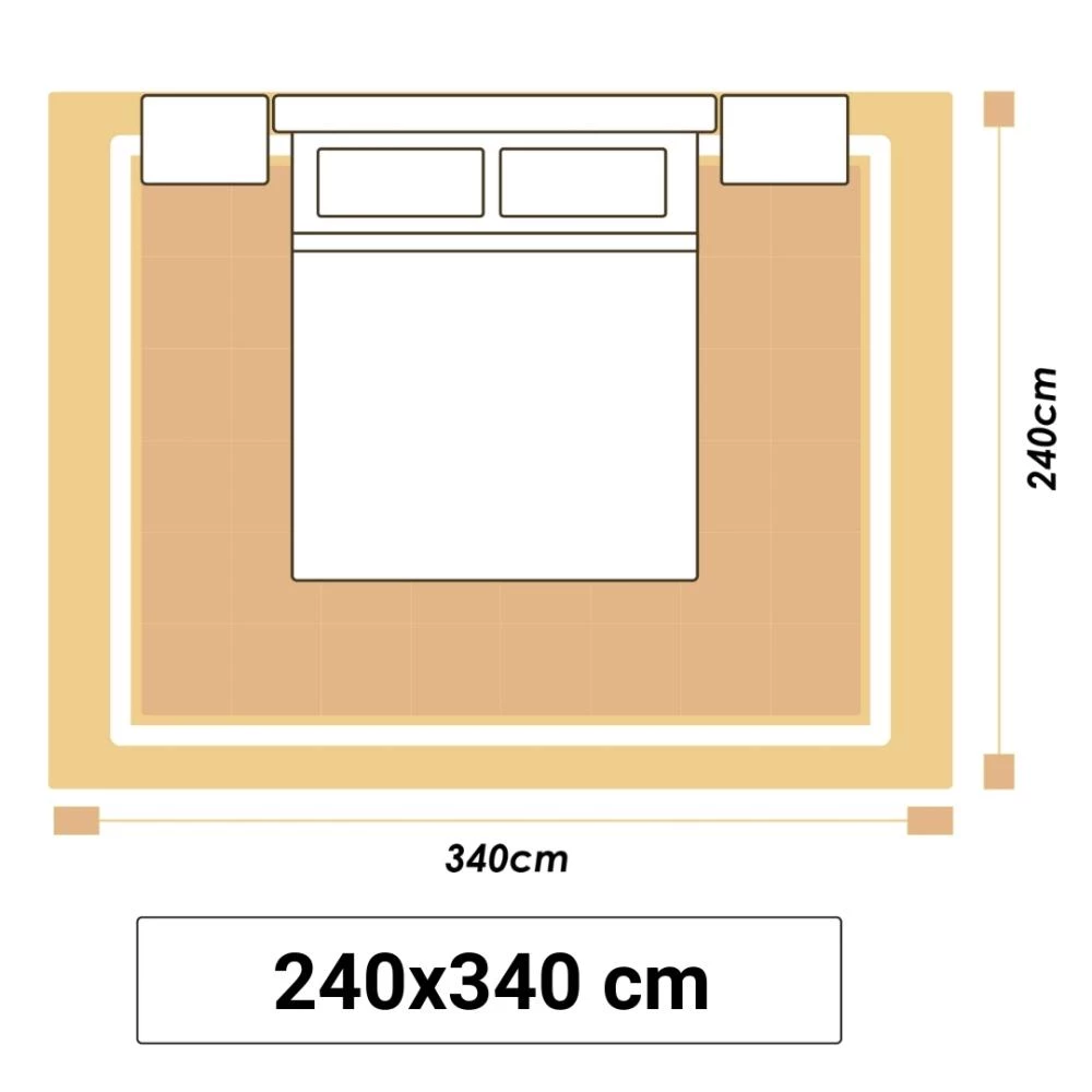 Illustrationer viser et stort soveværelsestæppe i størrelsen 240x340cm.