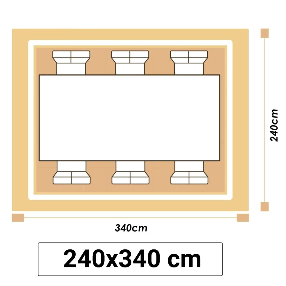 Illustrationer viser et stort køkkentæppe i størrelsen 240x340cm.