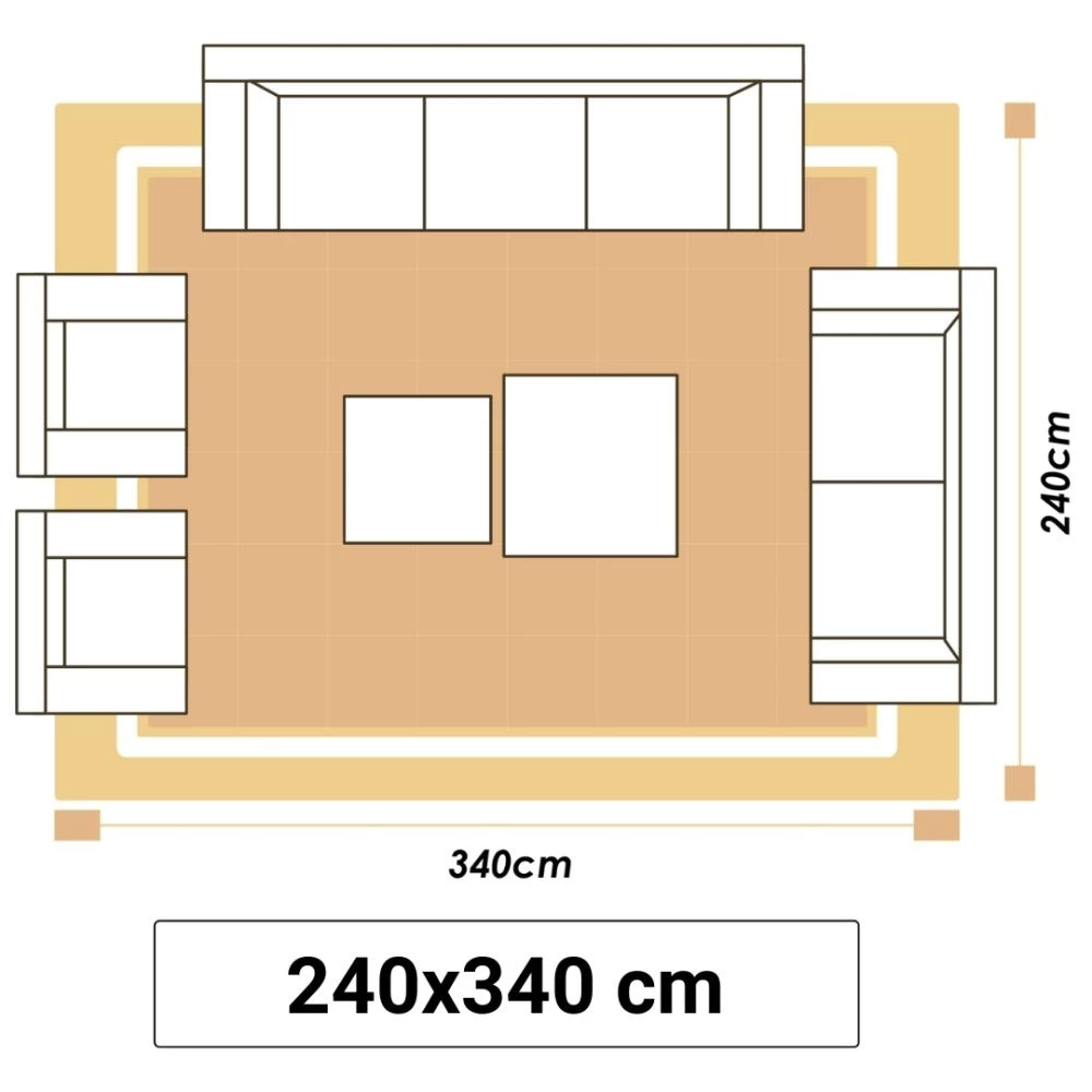 Illustrationer viser et stuetæppe i størrelsen 240x340cm.