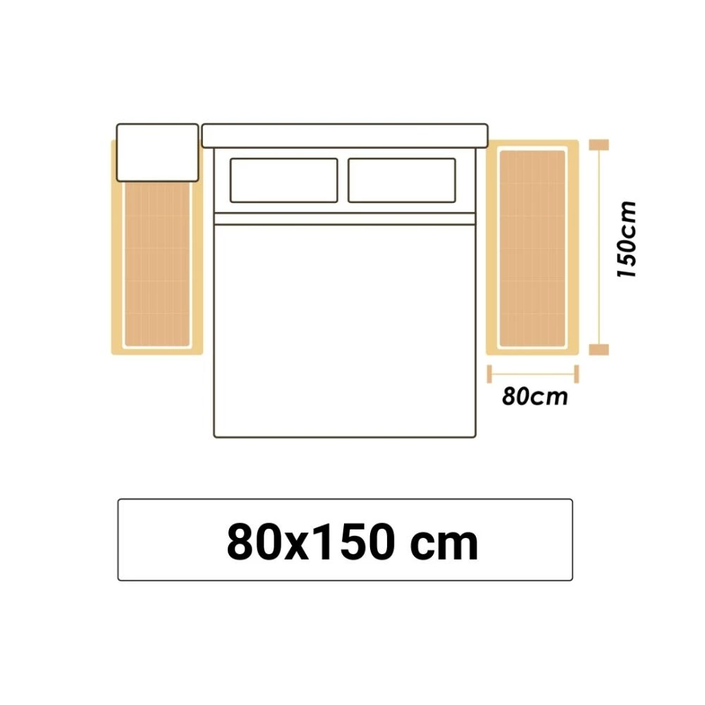 Illustrationer viser et soveværelsestæppe i størrelsen 80x150cm.