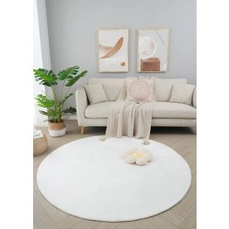 Rundt Glossy Offwhite Blød Pels-look Tæppe